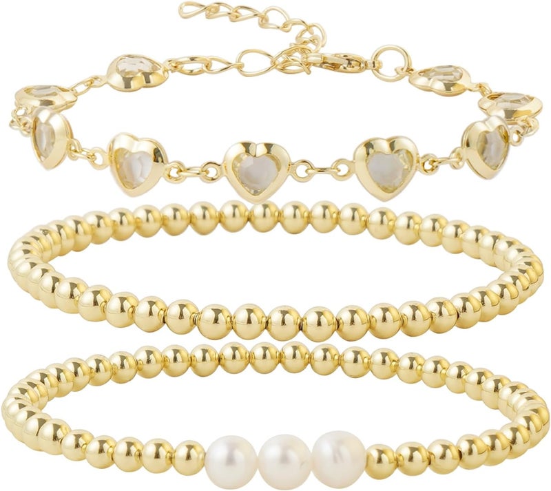 Pymach Store Dainty Gold Plated Pearl Crystal Beaded Bracelets Set for Women 14K Gold Plated Bead Pearl Beads Bracelet Stackable Paperclip Link Chain Bracelets Gold Plated Bracelets for Women Trendy Jewelry - Image 1